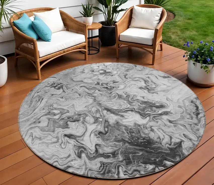 8' Gray Charcoal And Silver Round Abstract Washable Indoor Outdoor Area Rug Photo 1