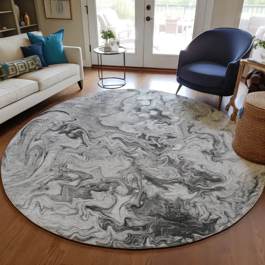 8' Gray Charcoal And Silver Round Abstract Washable Indoor Outdoor Area Rug Photo 6
