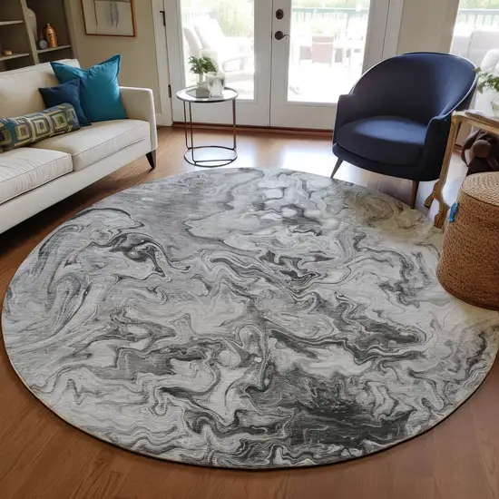 8' Gray Charcoal And Silver Round Abstract Washable Indoor Outdoor Area Rug Photo 6