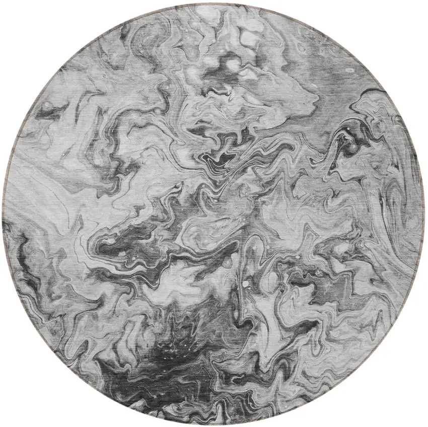 8' Gray Charcoal And Silver Round Abstract Washable Indoor Outdoor Area Rug Photo 4