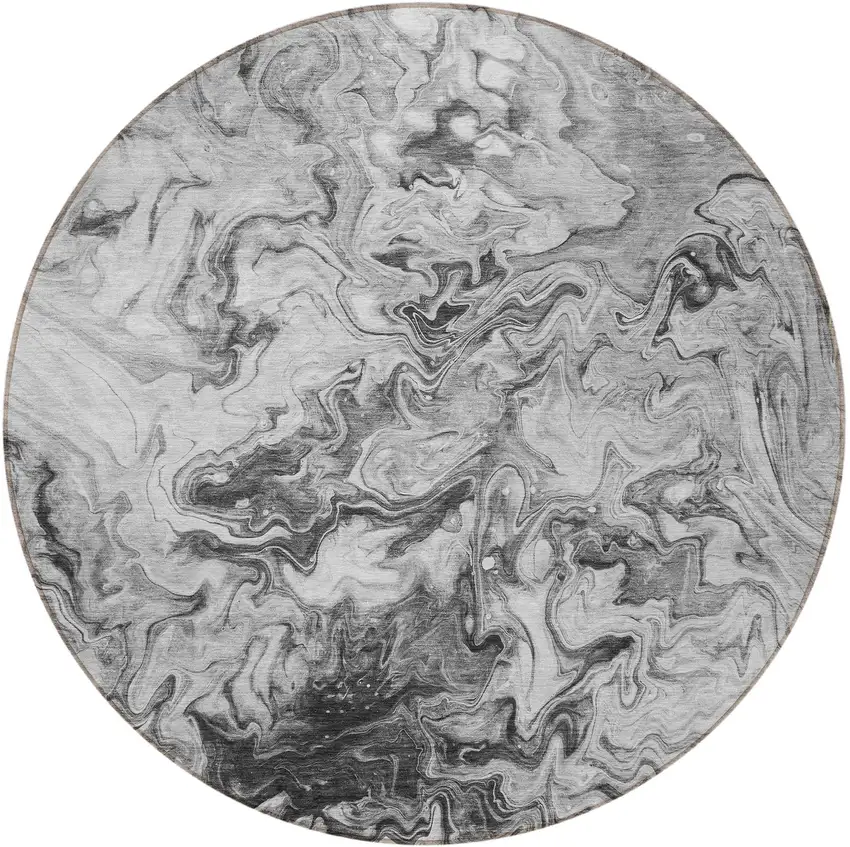 8' Gray Charcoal And Silver Round Abstract Washable Indoor Outdoor Area Rug Photo 4