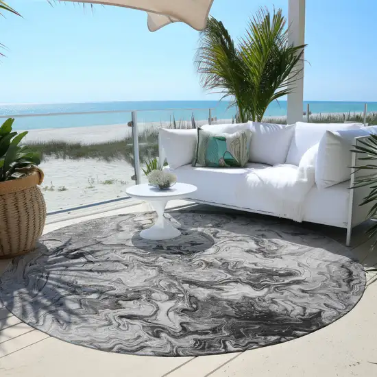 8' Gray Charcoal And Silver Round Abstract Washable Indoor Outdoor Area Rug Photo 5