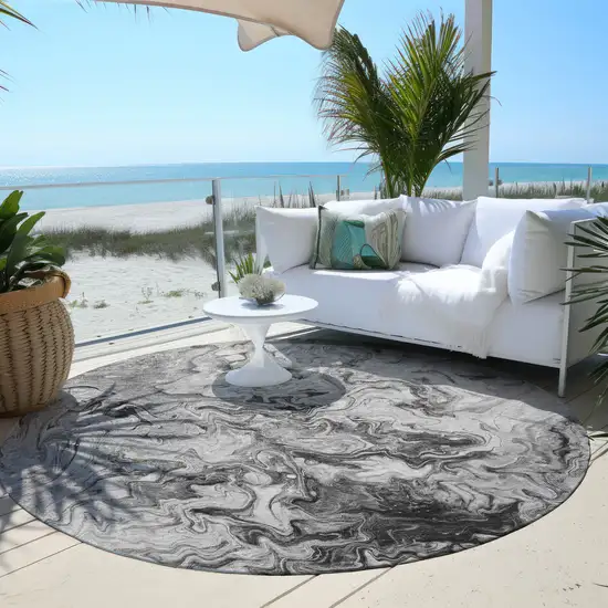 8' Gray Charcoal And Silver Round Abstract Washable Indoor Outdoor Area Rug Photo 5