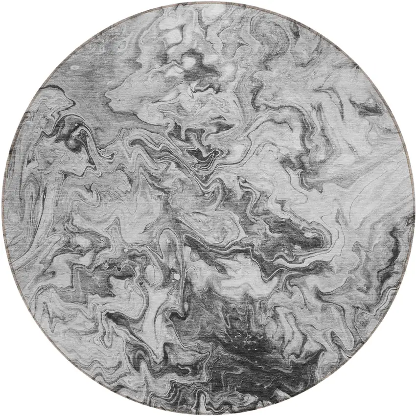 8' Gray Charcoal And Silver Round Abstract Washable Indoor Outdoor Area Rug Photo 2