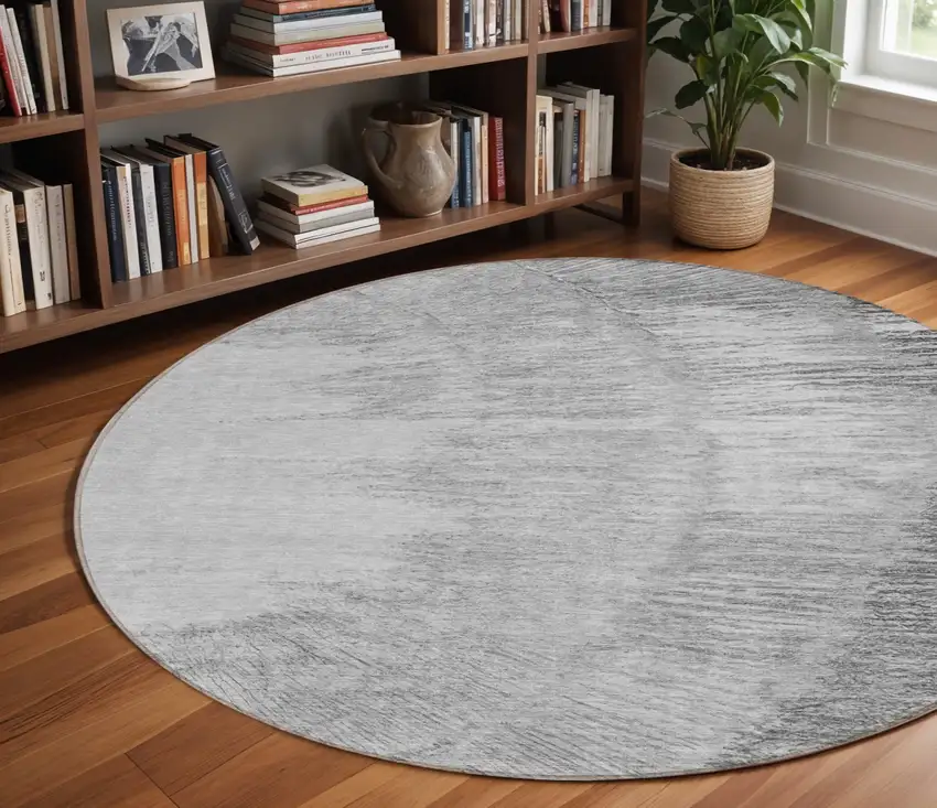 8' Gray Charcoal And Silver Round Abstract Washable Indoor Outdoor Area Rug Photo 1