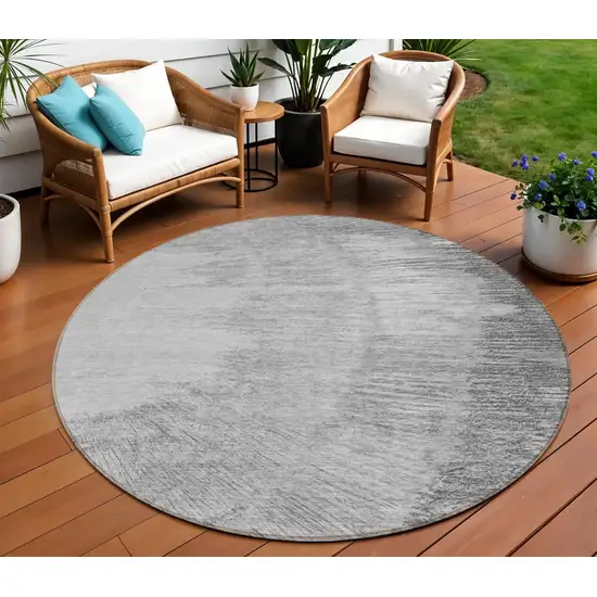 8' Gray Charcoal And Silver Round Abstract Washable Indoor Outdoor Area Rug Photo 1
