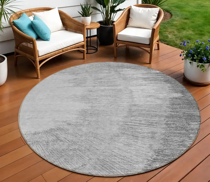 8' Gray Charcoal And Silver Round Abstract Washable Indoor Outdoor Area Rug Photo 1