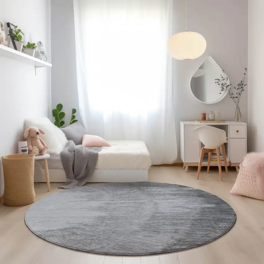 8' Gray Charcoal And Silver Round Abstract Washable Indoor Outdoor Area Rug Photo 8