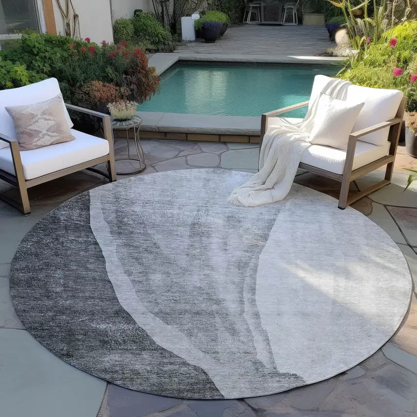 8' Gray Charcoal And Silver Round Abstract Washable Indoor Outdoor Area Rug Photo 6