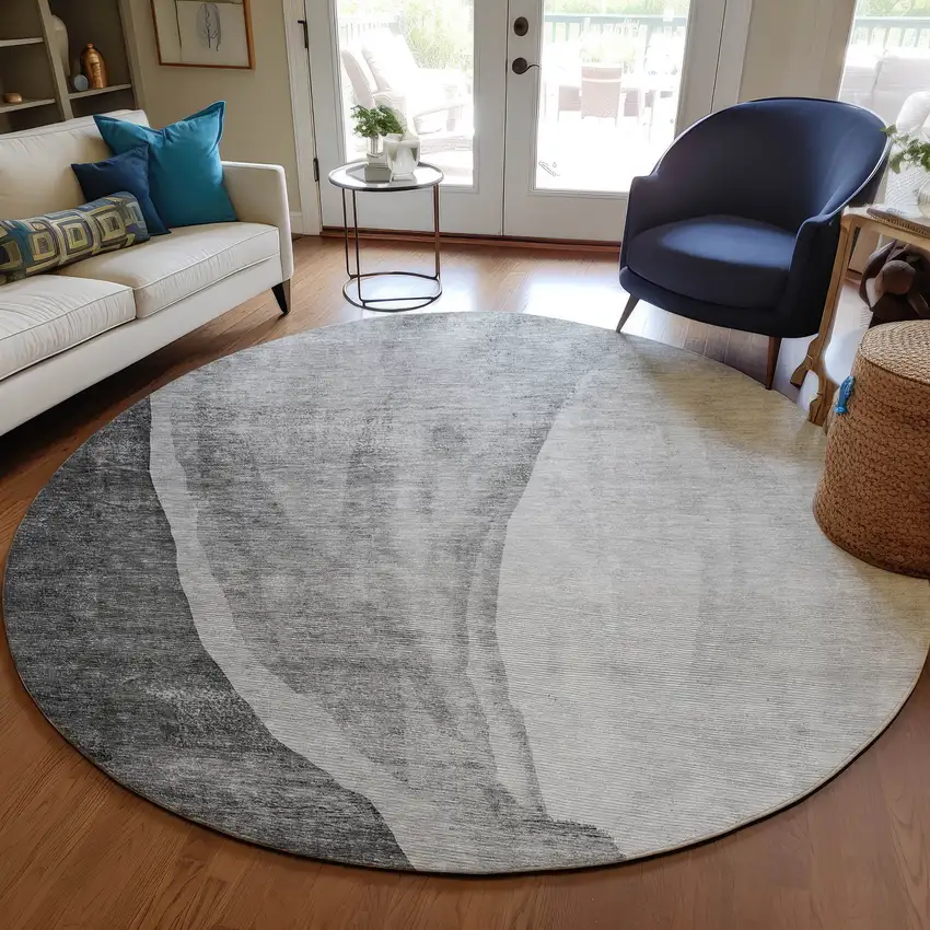 8' Gray Charcoal And Silver Round Abstract Washable Indoor Outdoor Area Rug Photo 7