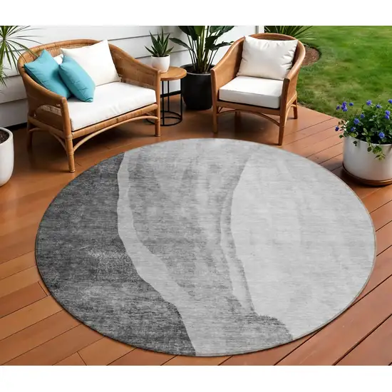 8' Gray Charcoal And Silver Round Abstract Washable Indoor Outdoor Area Rug Photo 1