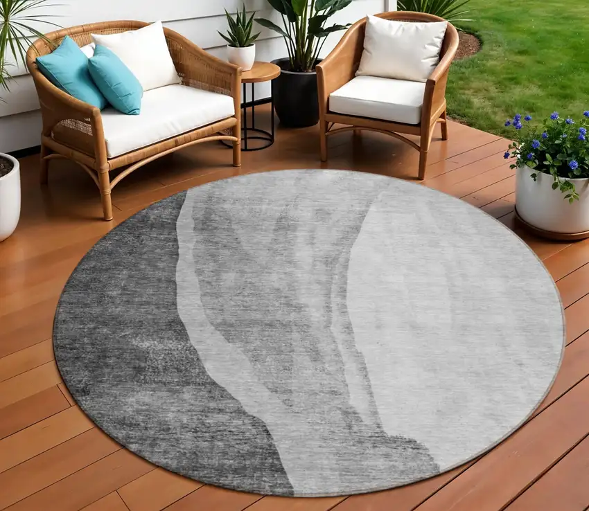 8' Gray Charcoal And Silver Round Abstract Washable Indoor Outdoor Area Rug Photo 1