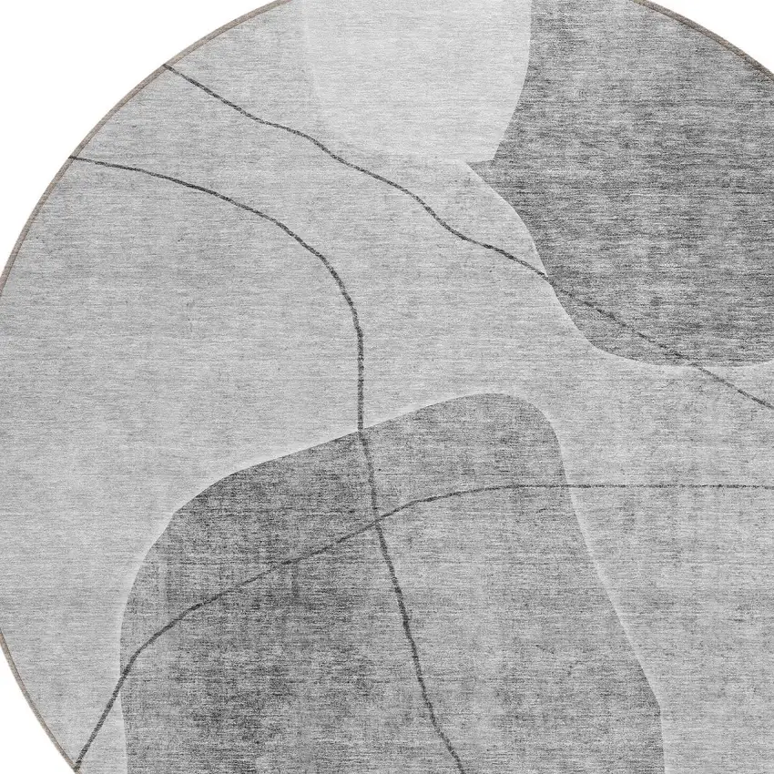 8' Gray Charcoal And Silver Round Abstract Washable Indoor Outdoor Area Rug Photo 4
