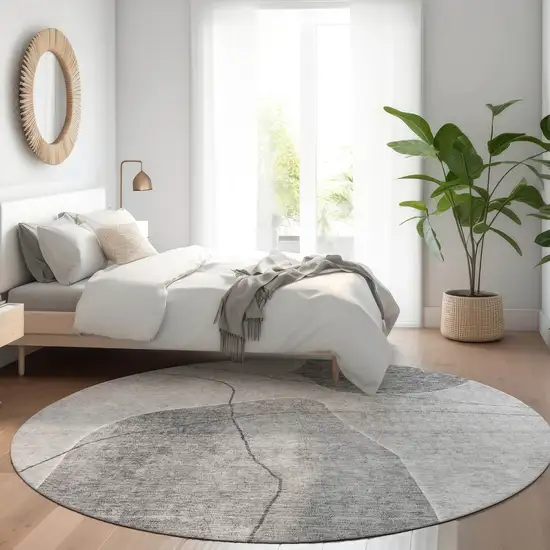 8' Gray Charcoal And Silver Round Abstract Washable Indoor Outdoor Area Rug Photo 7