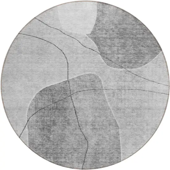 8' Gray Charcoal And Silver Round Abstract Washable Indoor Outdoor Area Rug Photo 2
