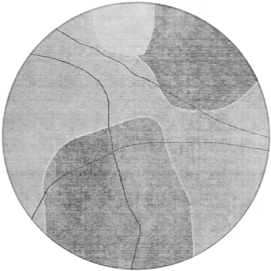 8' Gray Charcoal And Silver Round Abstract Washable Indoor Outdoor Area Rug Photo 2