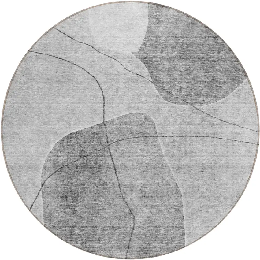 8' Gray Charcoal And Silver Round Abstract Washable Indoor Outdoor Area Rug Photo 2