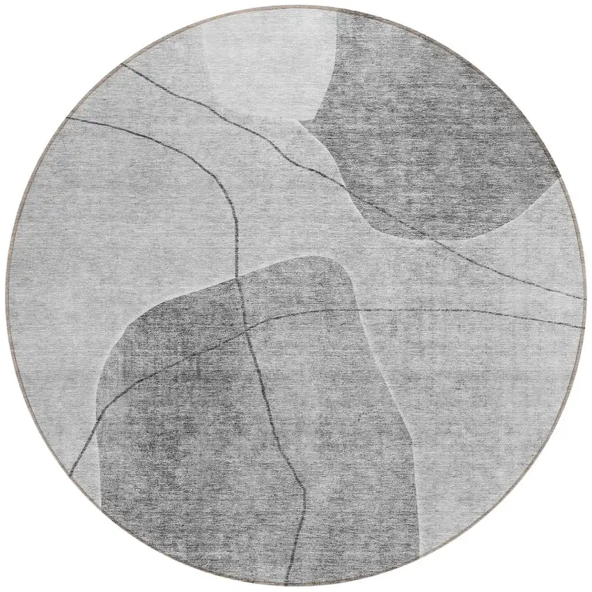 8' Gray Charcoal And Silver Round Abstract Washable Indoor Outdoor Area Rug Photo 5