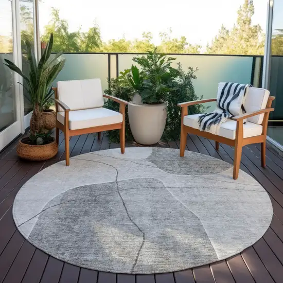 8' Gray Charcoal And Silver Round Abstract Washable Indoor Outdoor Area Rug Photo 6