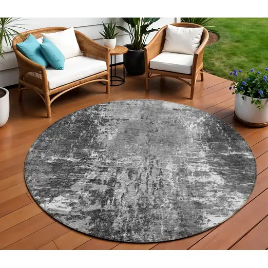 8' Gray Charcoal And Silver Round Abstract Washable Indoor Outdoor Area Rug Photo 1