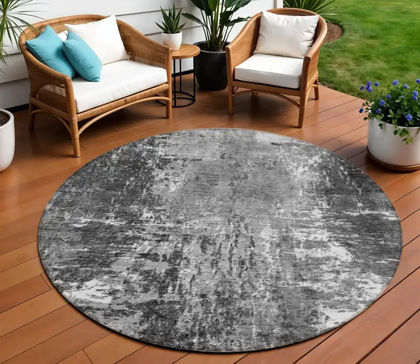 8' Gray Charcoal And Silver Round Abstract Washable Indoor Outdoor Area Rug Photo 1
