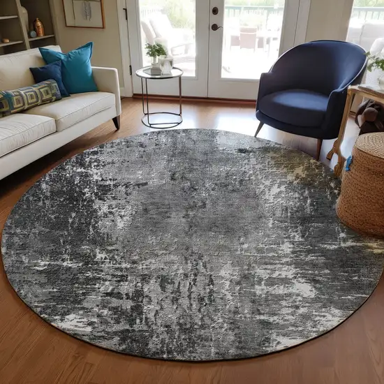 8' Gray Charcoal And Silver Round Abstract Washable Indoor Outdoor Area Rug Photo 7