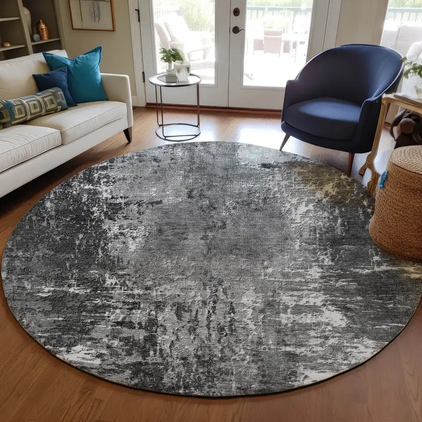 8' Gray Charcoal And Silver Round Abstract Washable Indoor Outdoor Area Rug Photo 7