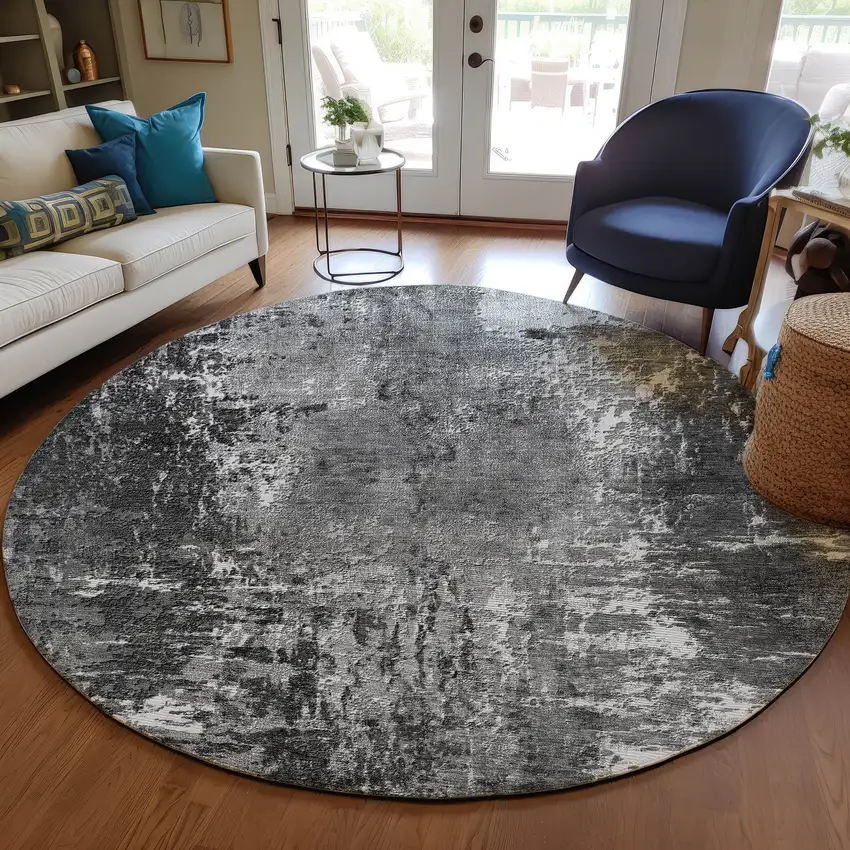 8' Gray Charcoal And Silver Round Abstract Washable Indoor Outdoor Area Rug Photo 7