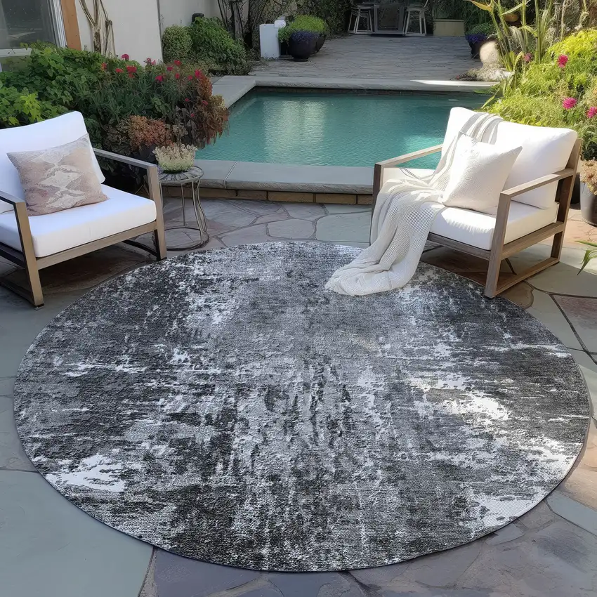 8' Gray Charcoal And Silver Round Abstract Washable Indoor Outdoor Area Rug Photo 6