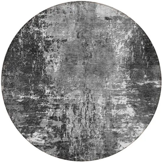 8' Gray Charcoal And Silver Round Abstract Washable Indoor Outdoor Area Rug Photo 1