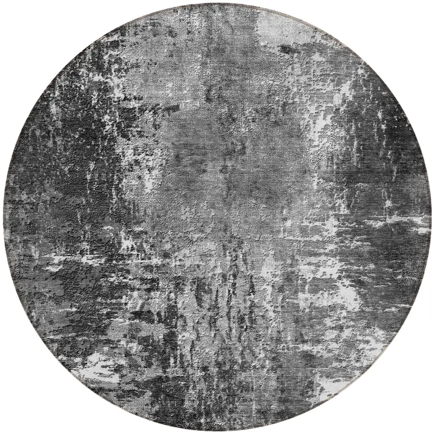 8' Gray Charcoal And Silver Round Abstract Washable Indoor Outdoor Area Rug Photo 1