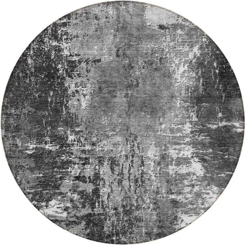 8' Gray Charcoal And Silver Round Abstract Washable Indoor Outdoor Area Rug Photo 1