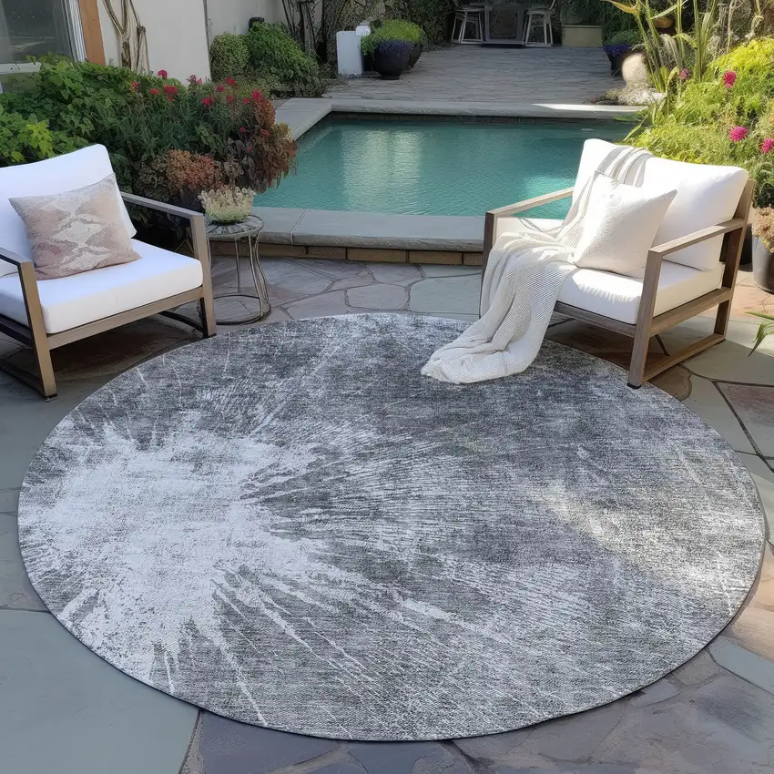 8' Gray Charcoal And Silver Round Abstract Washable Indoor Outdoor Area Rug Photo 6
