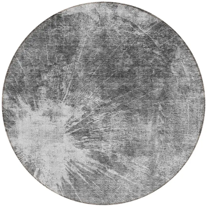 8' Gray Charcoal And Silver Round Abstract Washable Indoor Outdoor Area Rug Photo 4