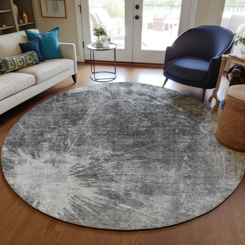 8' Gray Charcoal And Silver Round Abstract Washable Indoor Outdoor Area Rug Photo 7