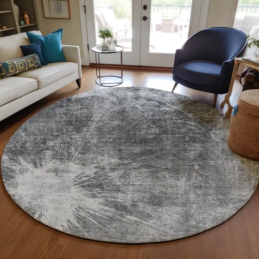 8' Gray Charcoal And Silver Round Abstract Washable Indoor Outdoor Area Rug Photo 7