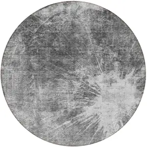 Photo of 8' Gray Charcoal And Silver Round Abstract Washable Indoor Outdoor Area Rug