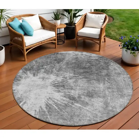 8' Gray Charcoal And Silver Round Abstract Washable Indoor Outdoor Area Rug Photo 1