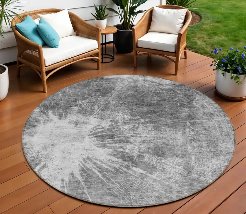 8' Gray Charcoal And Silver Round Abstract Washable Indoor Outdoor Area Rug Photo 1