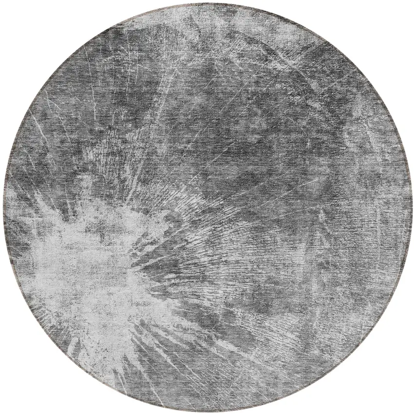 8' Gray Charcoal And Silver Round Abstract Washable Indoor Outdoor Area Rug Photo 2