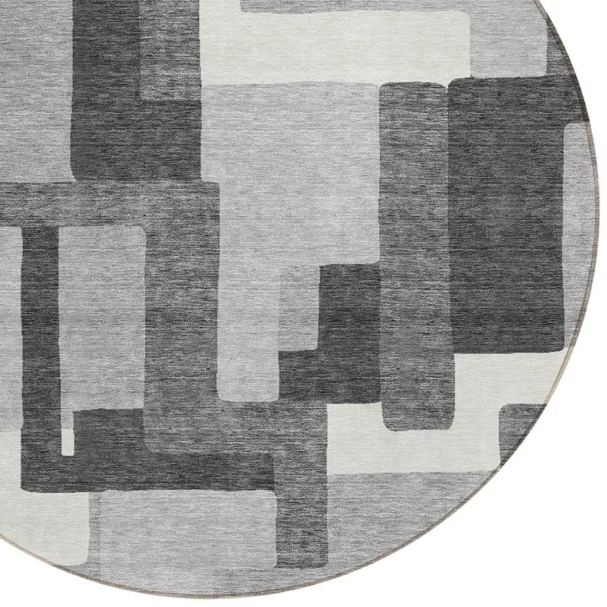 8' Gray Charcoal And Silver Round Abstract Washable Indoor Outdoor Area Rug Photo 4