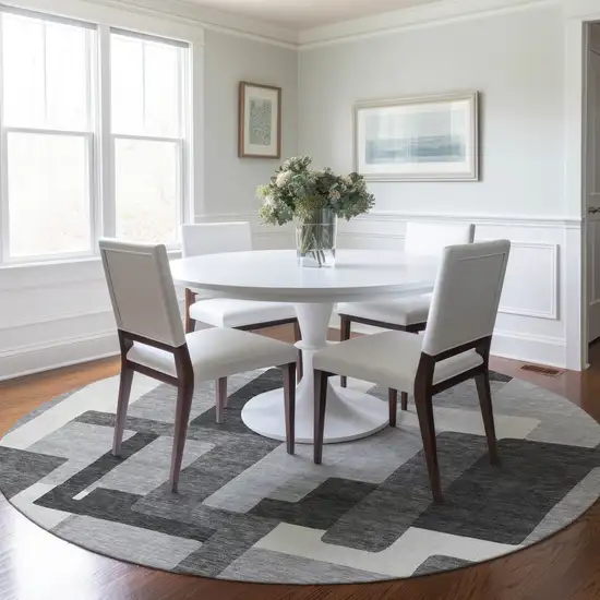 8' Gray Charcoal And Silver Round Abstract Washable Indoor Outdoor Area Rug Photo 7
