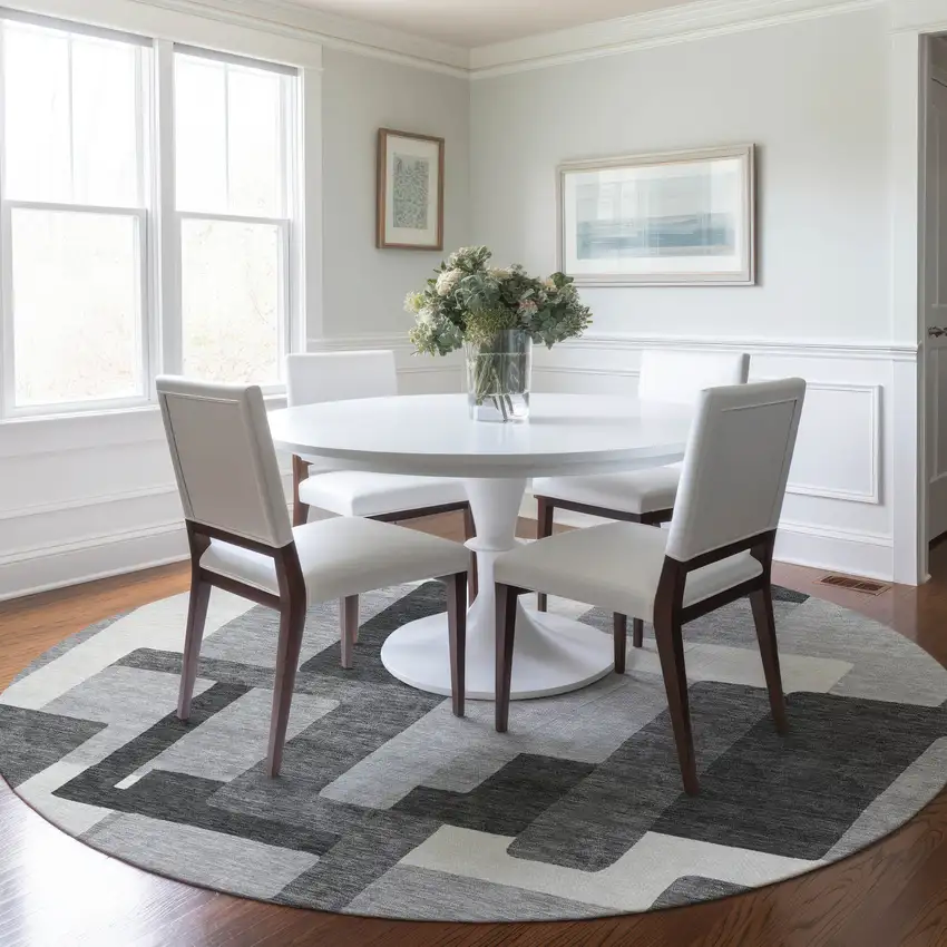 8' Gray Charcoal And Silver Round Abstract Washable Indoor Outdoor Area Rug Photo 7