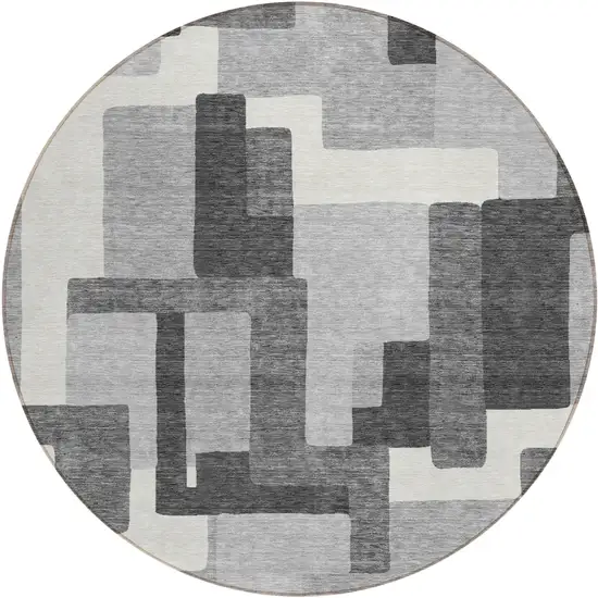 8' Gray Charcoal And Silver Round Abstract Washable Indoor Outdoor Area Rug Photo 1