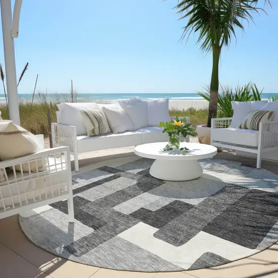 8' Gray Charcoal And Silver Round Abstract Washable Indoor Outdoor Area Rug Photo 6