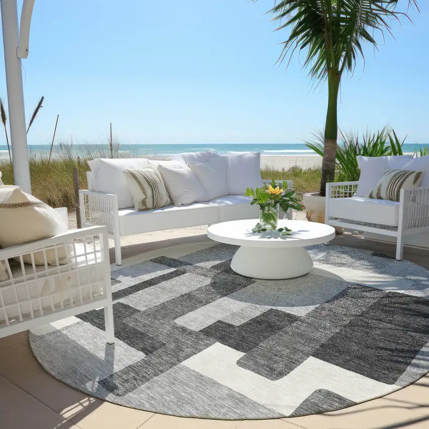 8' Gray Charcoal And Silver Round Abstract Washable Indoor Outdoor Area Rug Photo 6