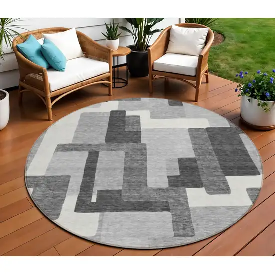 8' Gray Charcoal And Silver Round Abstract Washable Indoor Outdoor Area Rug Photo 1