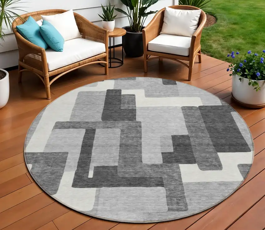 8' Gray Charcoal And Silver Round Abstract Washable Indoor Outdoor Area Rug Photo 1