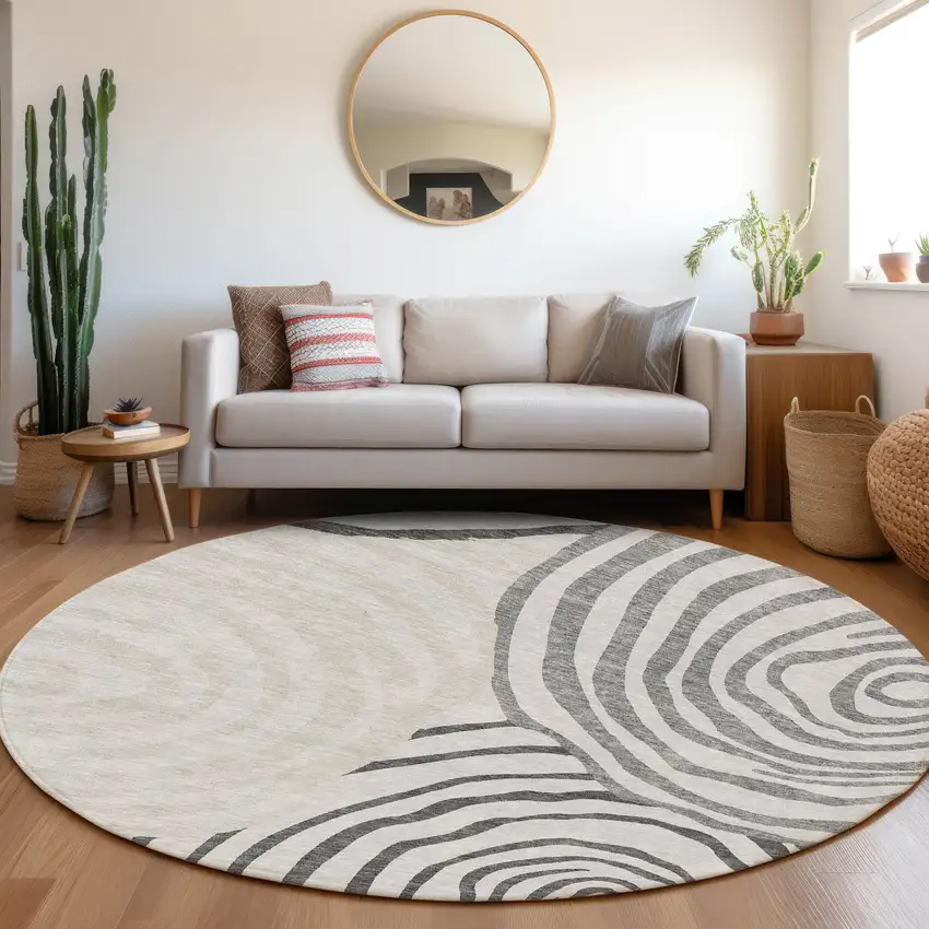 8' Gray Charcoal And Silver Round Abstract Washable Indoor Outdoor Area Rug Photo 7