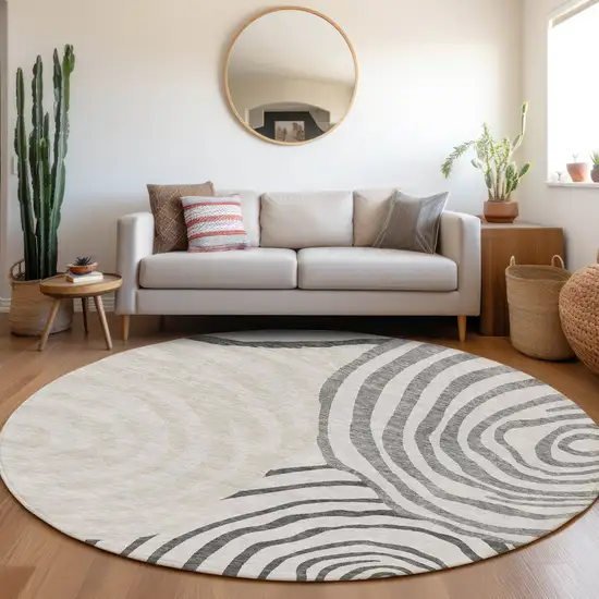 8' Gray Charcoal And Silver Round Abstract Washable Indoor Outdoor Area Rug Photo 7